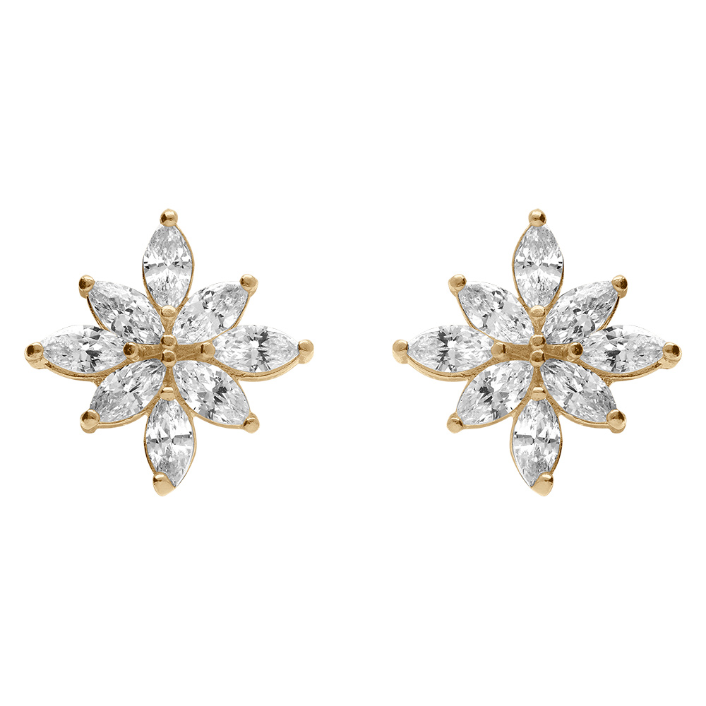 Boucles d\'oreille tige en plaqu� or motif fleur recouverte d\'oxydes blancs - Vue 1