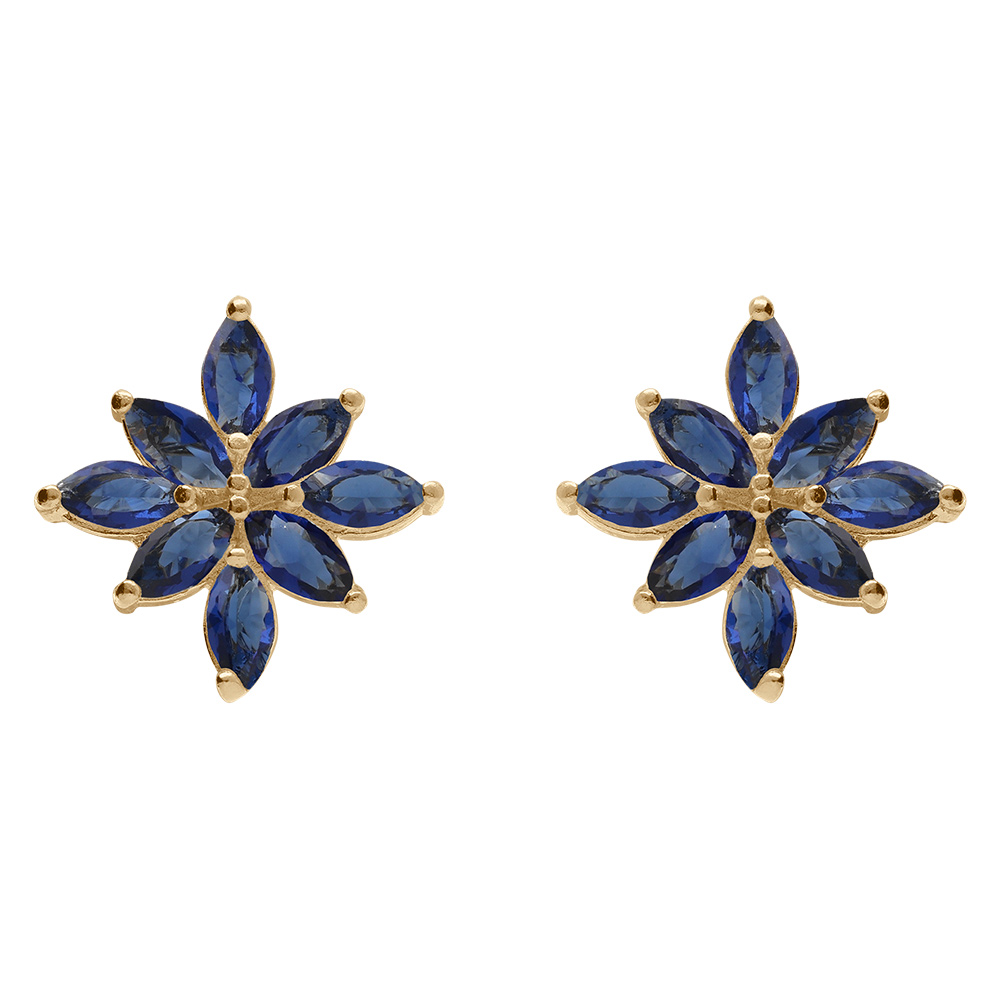 Boucles d\'oreille tige en plaqu� or motif fleur recouverte d\'oxydes bleus - Vue 1