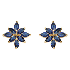 Boucles d'oreille tige en plaqu� or motif fleur recouverte d'oxydes bleus