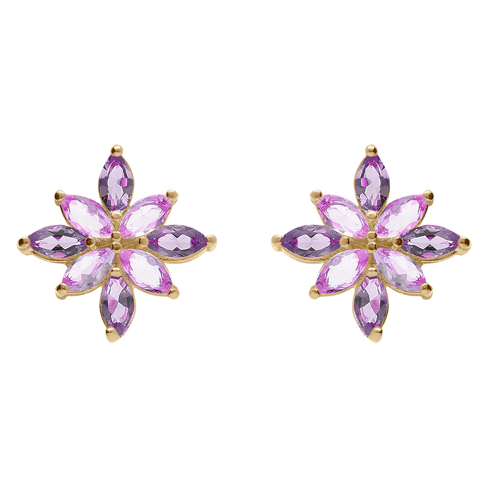 Boucles d\'oreille tige en plaqu� or motif fleur recouverte d\'oxydes violet et rose - Vue 1