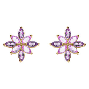 Boucles d'oreille tige en plaqu� or motif fleur recouverte d'oxydes violet et rose