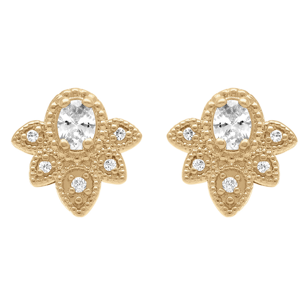Boucles d\'oreille tige en plaqu� or motif floral avec oxydes blancs - Vue 1