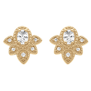 Boucles d'oreille tige en plaqu� or motif floral avec oxydes blancs