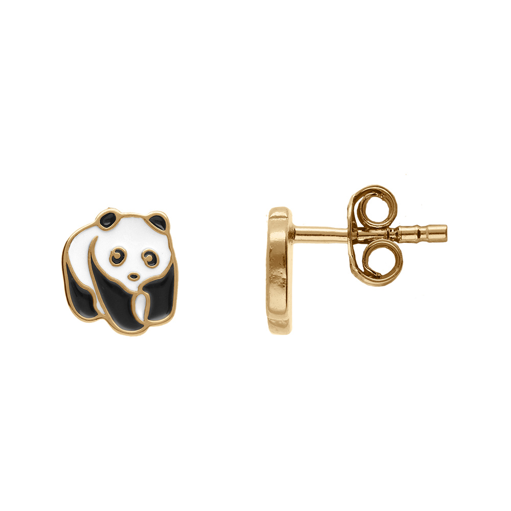 Boucles d\'oreille tige en plaqu� or panda r�sine noire et blanche - Vue 1