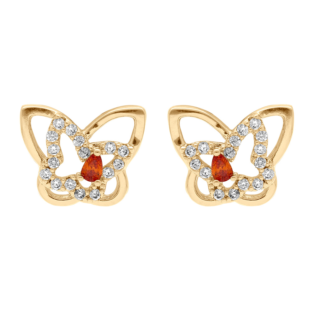 Boucles d\'oreille tige en plaqu� or papillon oxyde rouge et oxydes blancs - Vue 1