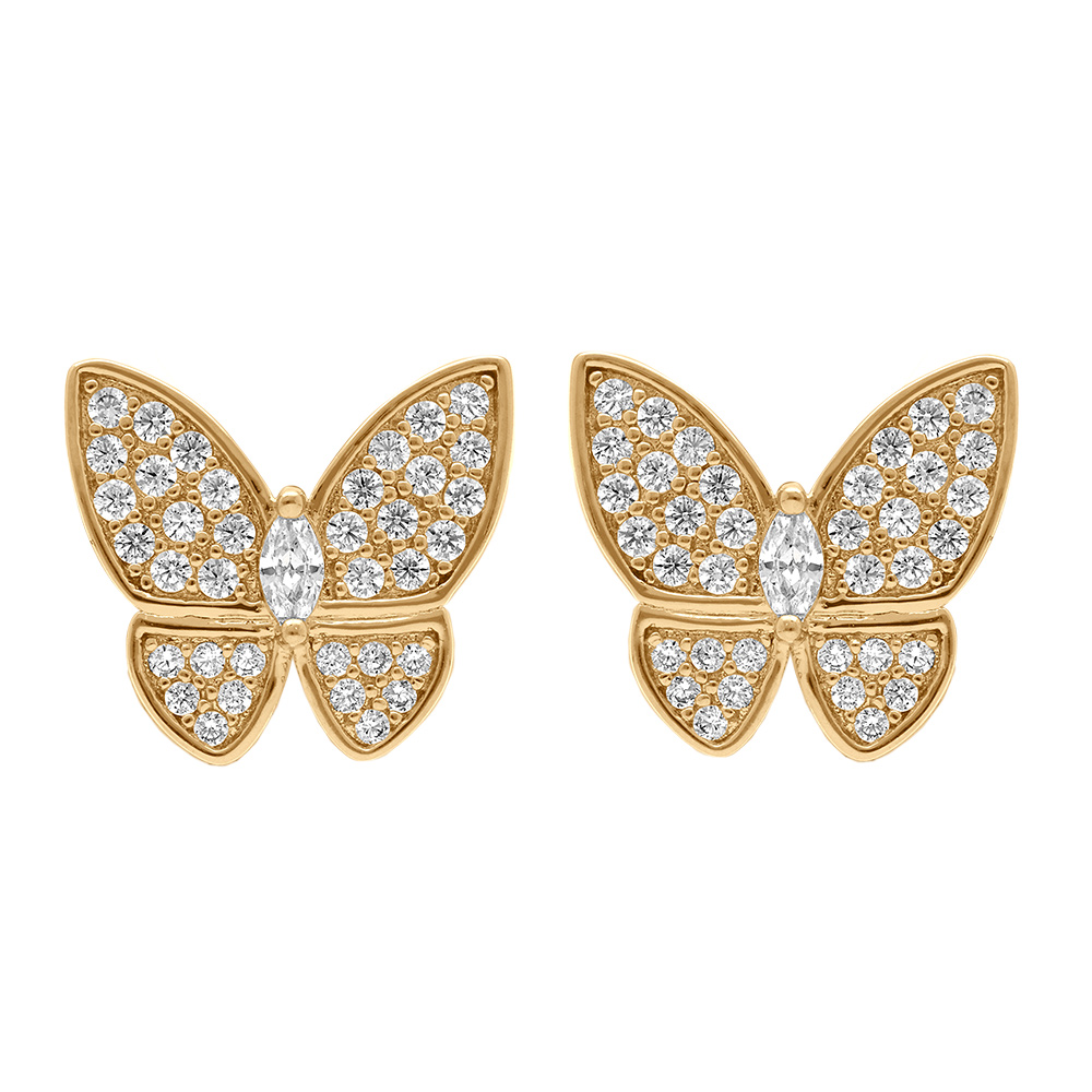 Boucles d\'oreille tige en plaqu� or papillon par� d\'oxydes blancs sertis - Vue 1