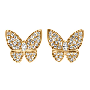 Boucles d'oreille tige en plaqu� or papillon par� d'oxydes blancs sertis