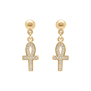 Boucles d'oreille tige en plaqu or pendante avec croix d'oxydes blancs - 15mm x 0.7mm
