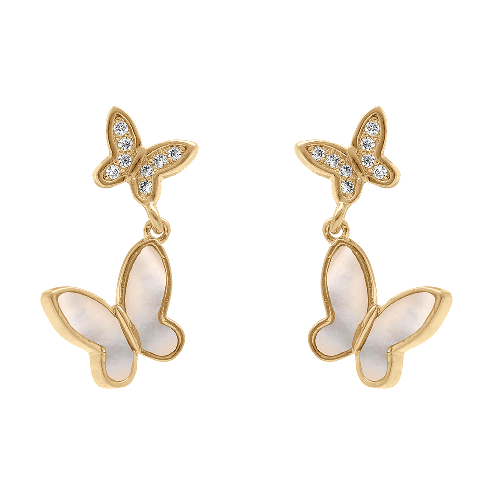 Boucles d\'oreille tige en plaqu� or pendantes double papillon de nacre blanche et d\'oxydes blancs - Vue 1