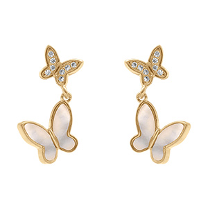 Boucles d'oreille tige en plaqu� or pendantes double papillon de nacre blanche et d'oxydes blancs