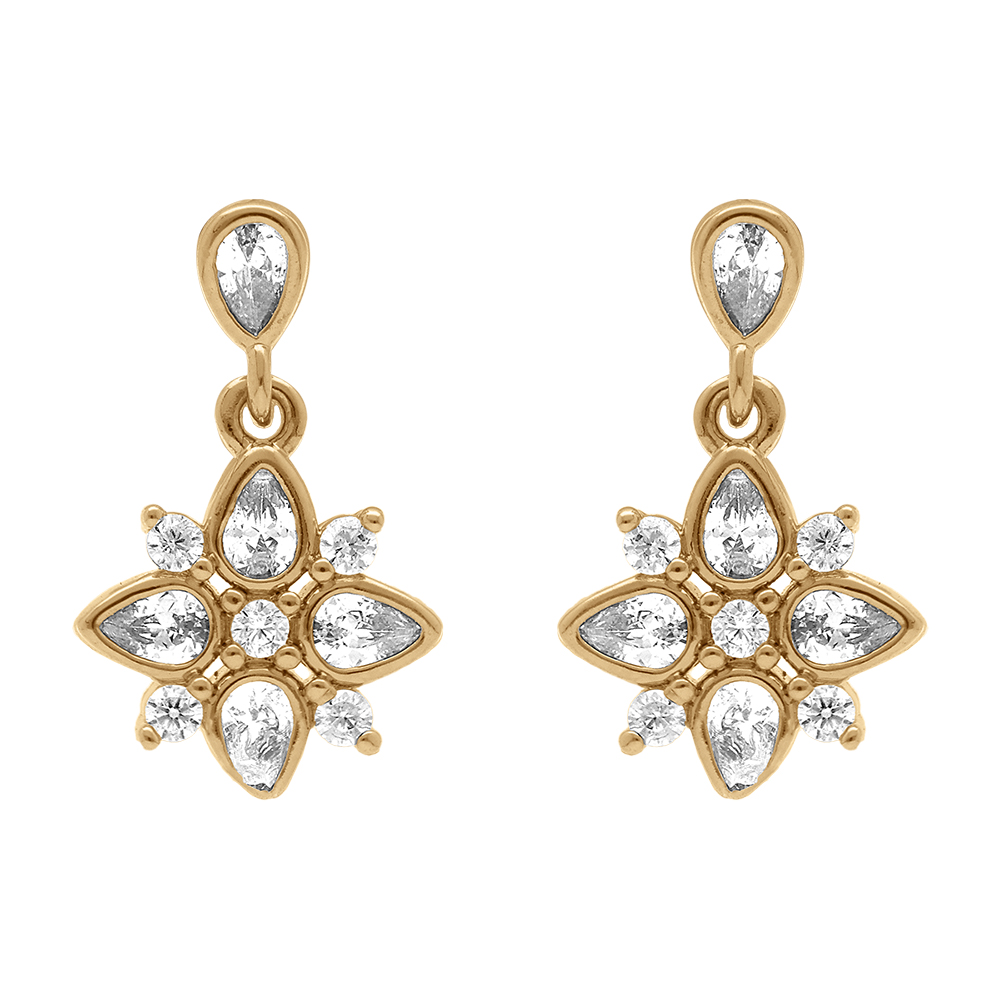 Boucles d\'oreille tige en plaqu� or pendantes fleur d\'oxydes blancs serti clos - Vue 1