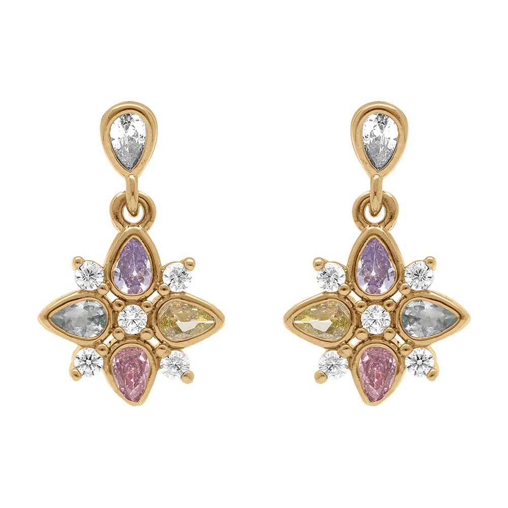 Boucles d\'oreille tige en plaqu� or pendantes fleur d\'oxydes couleurs pastels serti clos - Vue 1