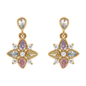 Boucles d'oreille tige en plaqu or pendantes fleur d'oxydes couleurs pastels serti clos