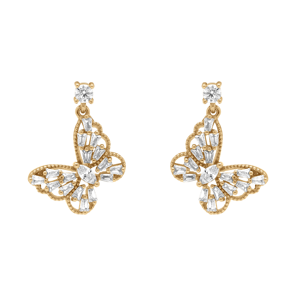 Boucles d\'oreille tige en plaqu� or pendantes papillon ajour� avec oxydes blancs - Vue 1