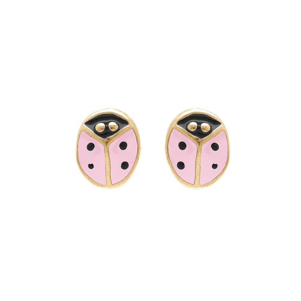 Boucles d\'oreille tige en plaqu� or puce coccinelle r�sine rose - Vue 1