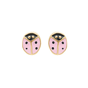 Boucles d'oreille tige en plaqu or puce coccinelle rsine rose