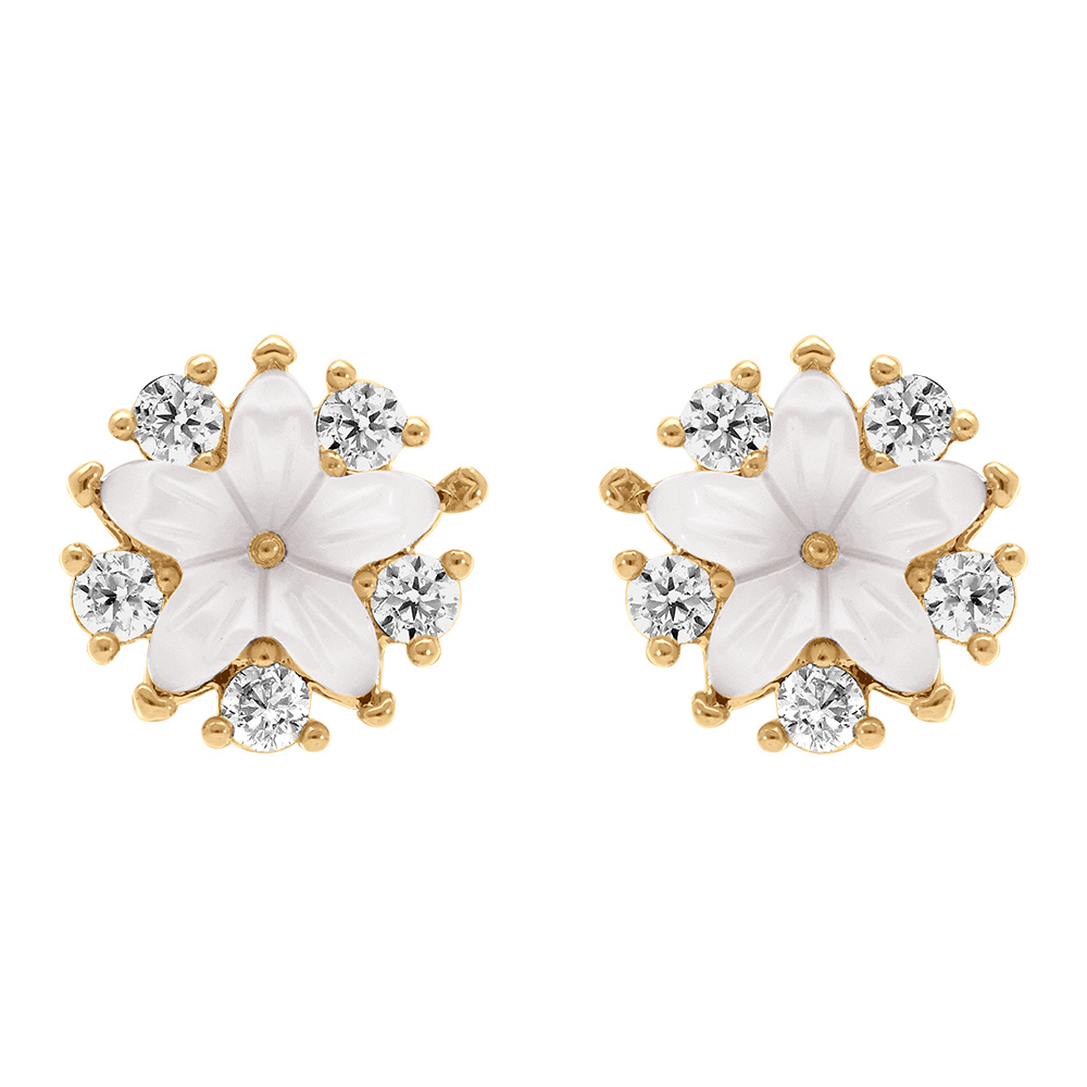 Boucles d\'oreille tige en plaqu� or puces dor�es fleur nacre v�ritable et oxydes blancs - Vue 1