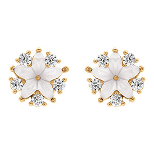 Boucles d'oreille tige en plaqu� or puces dor�es fleur nacre v�ritable et oxydes blancs