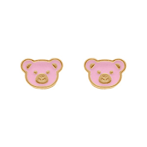 Boucles d\'oreille tige en plaqué or - thème ourson rose - Vue 1