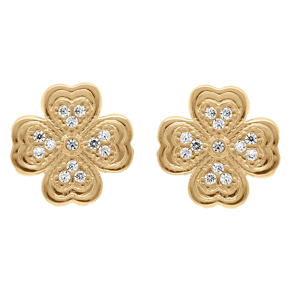 Boucles d\'oreille tige en plaqu� or tr�fle avec oxydes blancs - Vue 1