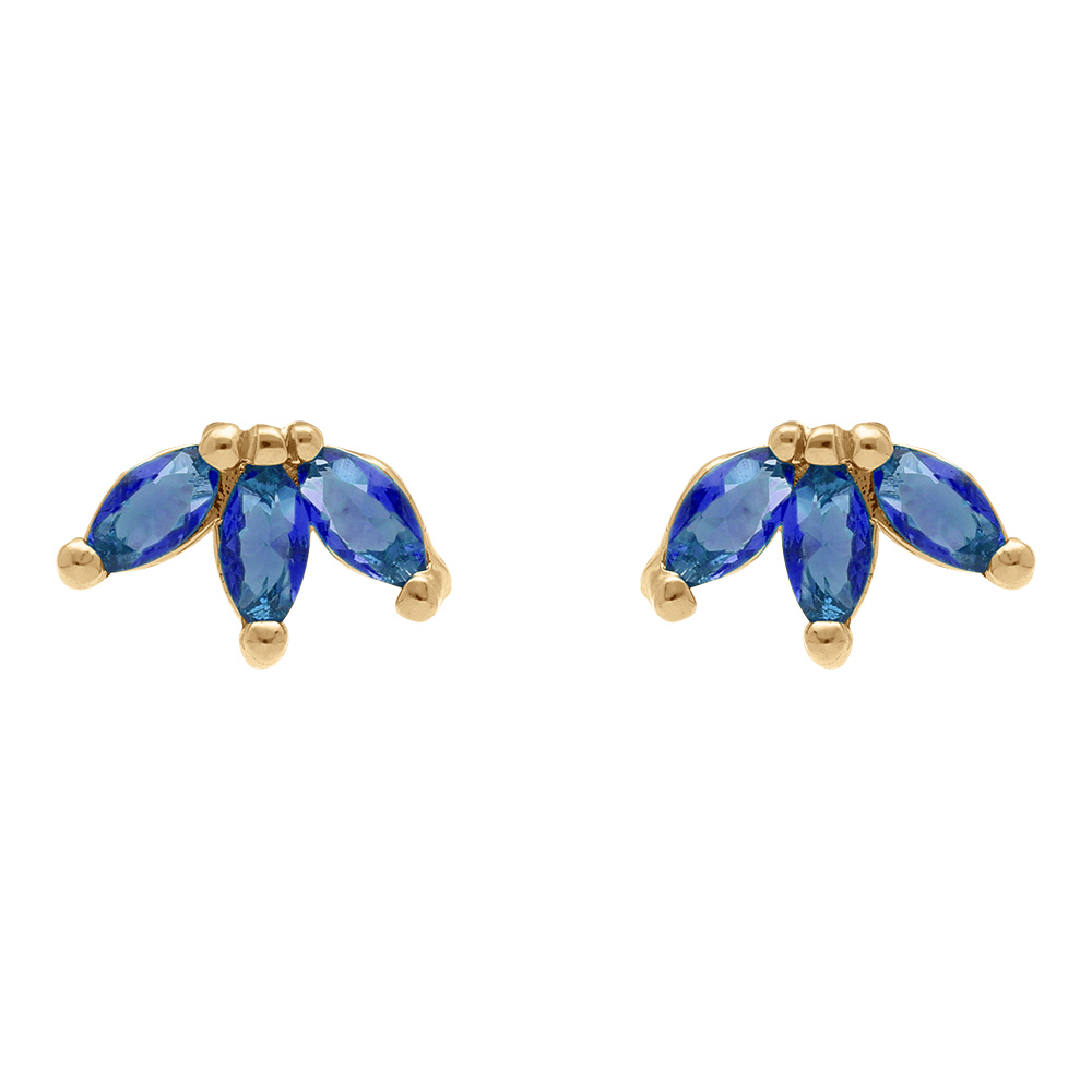 Boucles d\'oreille tige en plaqu� or trois navettes en oxydes bleus - Vue 1