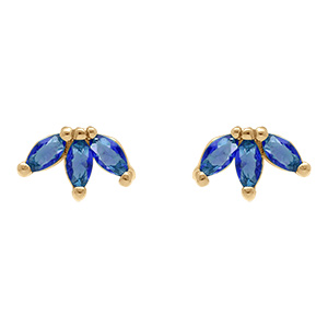 Boucles d'oreille tige en plaqu� or trois navettes en oxydes bleus