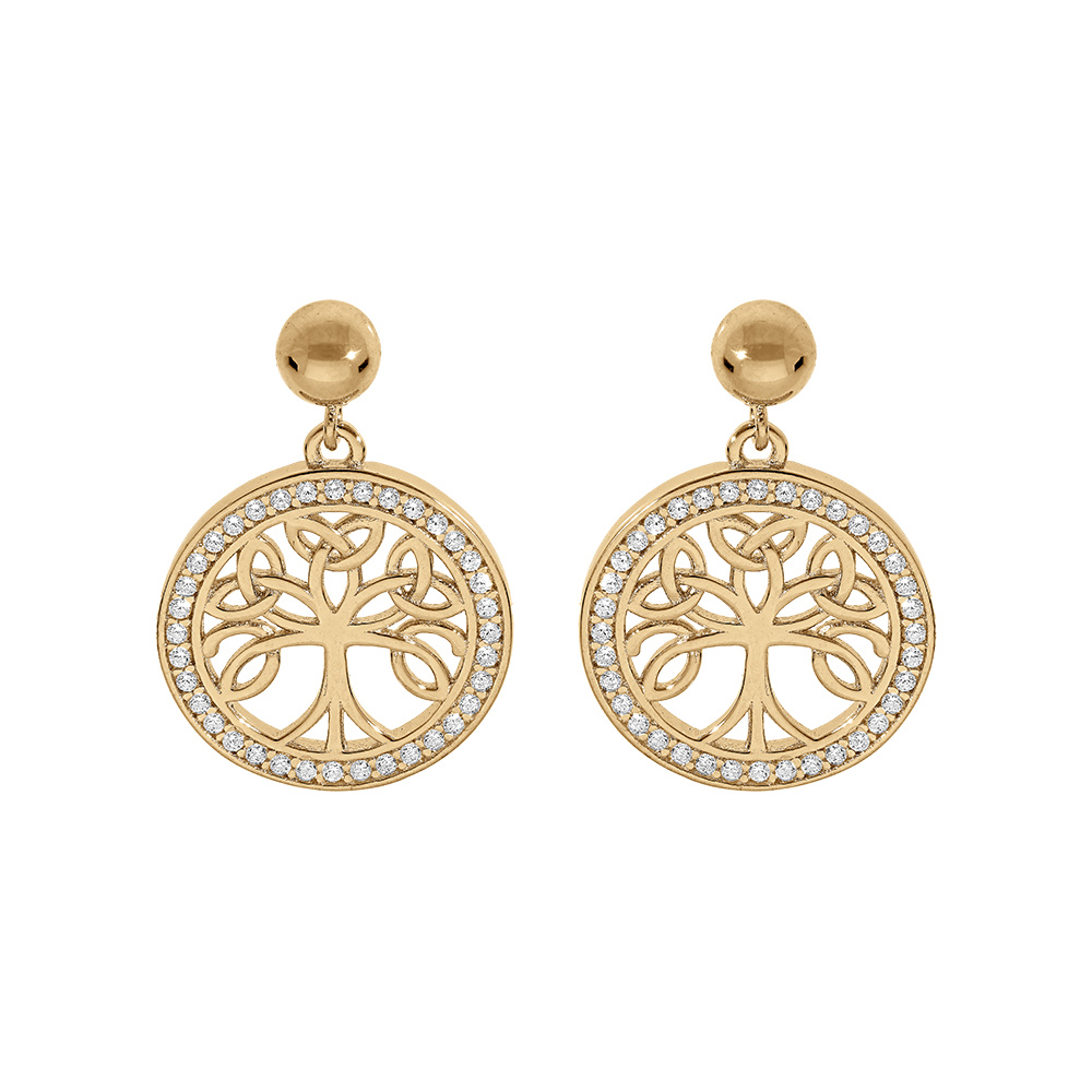 Boucles d\'oreille tige en vermeil arbre de vie celtique 14mm contour d\'oxydes blancs sertis - Vue 1