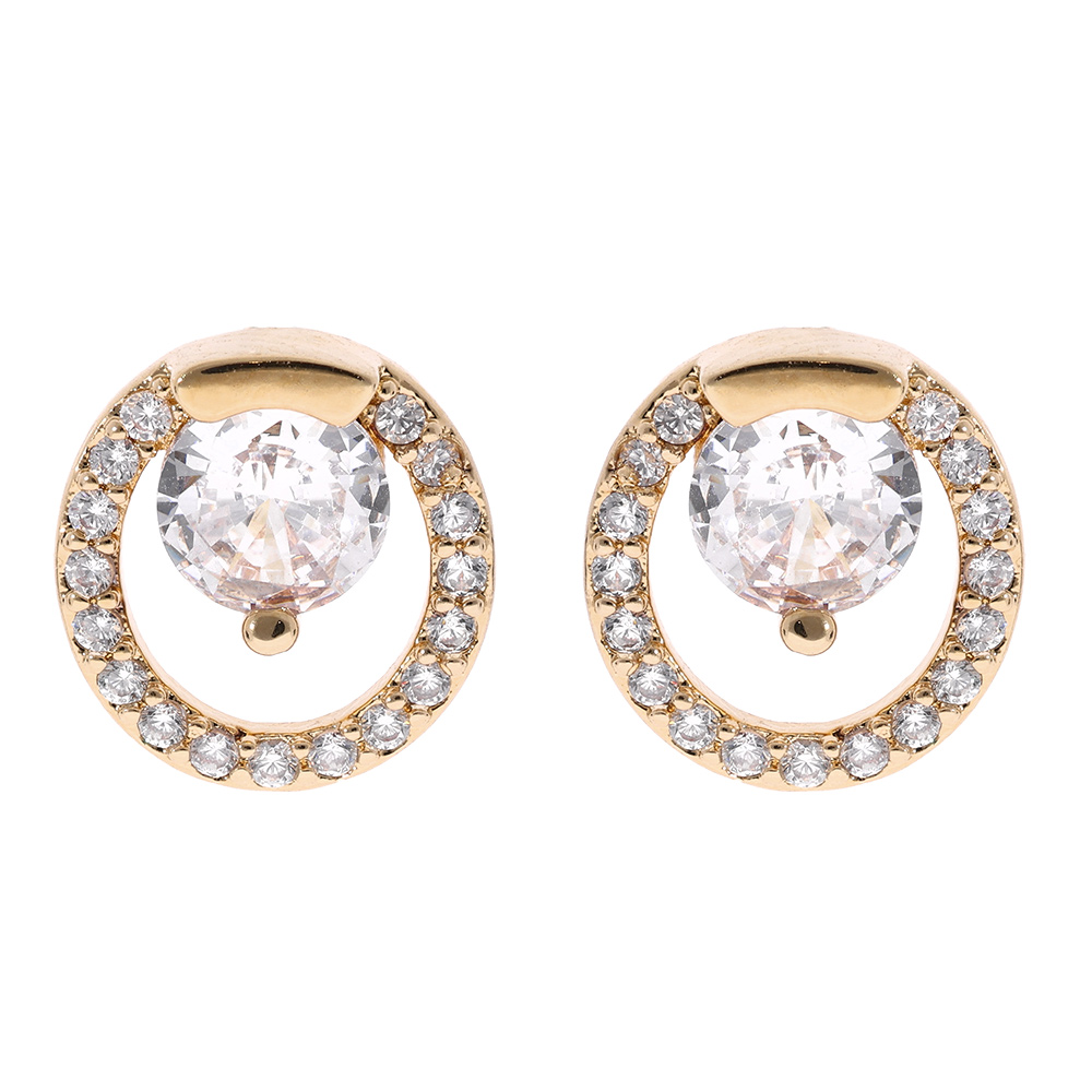 Boucles d\'oreille tige en vermeil cercle avec oxydes blancs sertis dont un central serti griffes - Vue 1