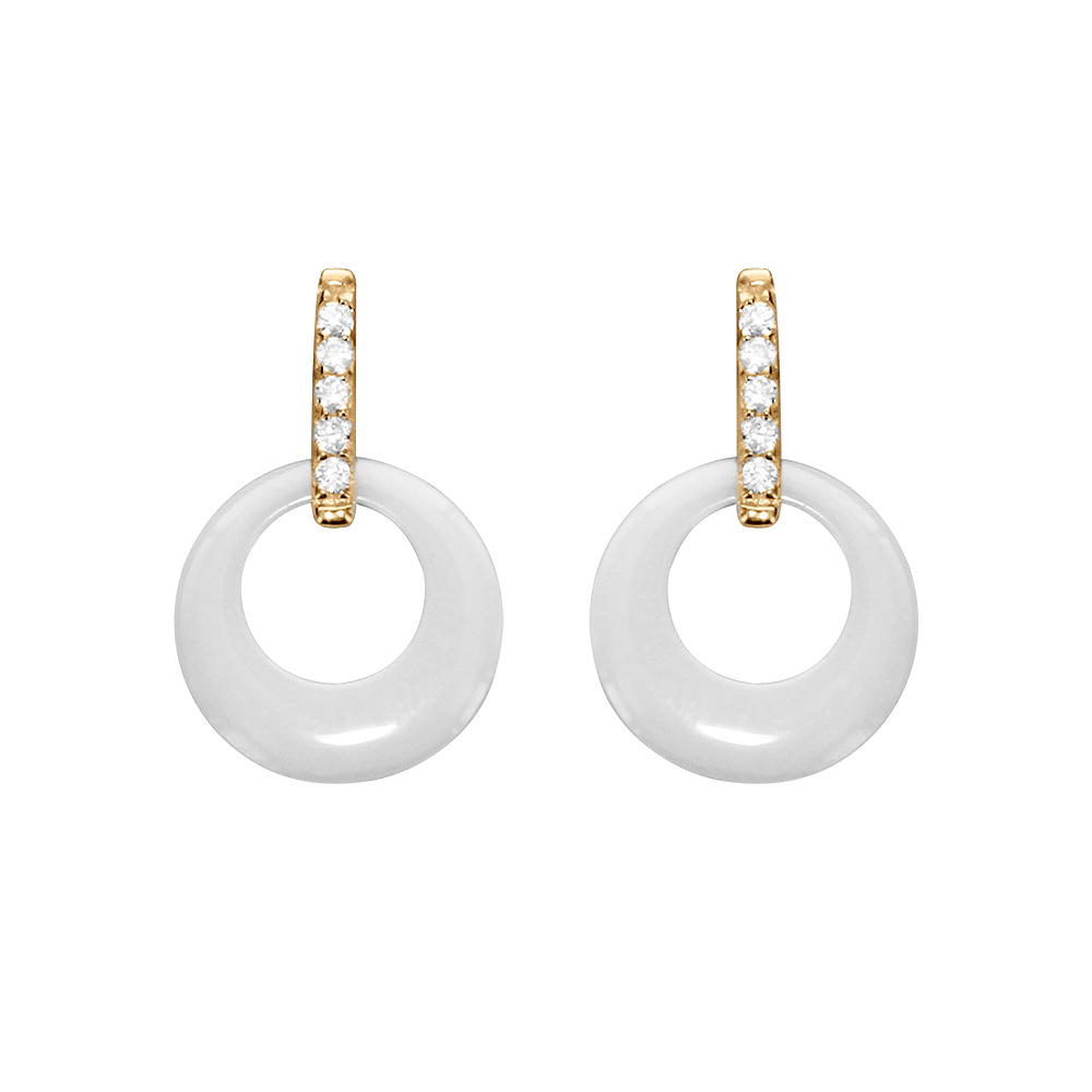 Boucles d\'oreille tige en vermeil cercle c�ramique blanche et  barrette d\'oxydes sertis - Vue 1