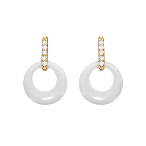 Boucles d\'oreille tige en vermeil cercle céramique blanche et barrette d\'oxydes sertis - Vue 1