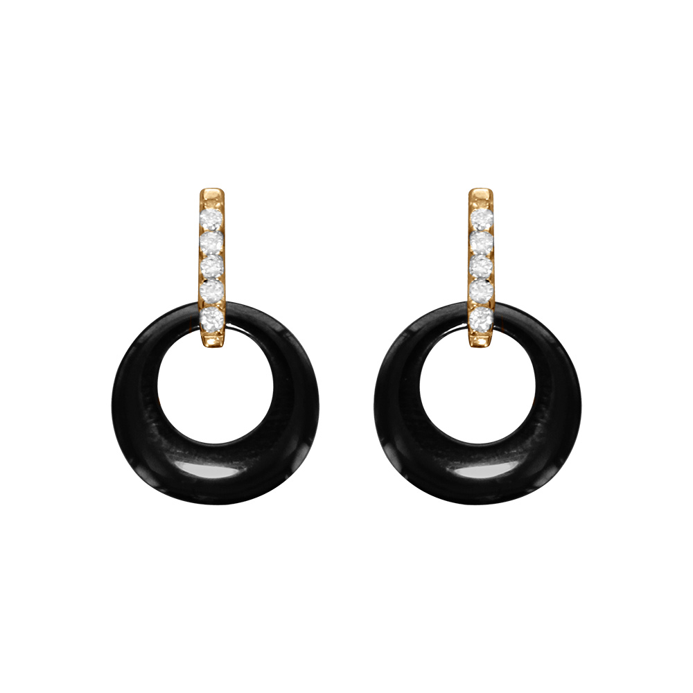 Boucles d\'oreille tige en vermeil cercle c�ramique noire et barrette d\'oxydes sertis - Vue 1
