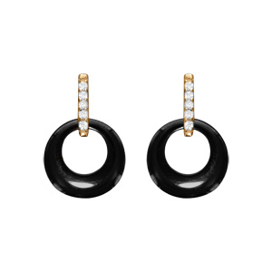 Boucles d\'oreille tige en vermeil cercle céramique noire et barrette d\'oxydes sertis - Vue 1