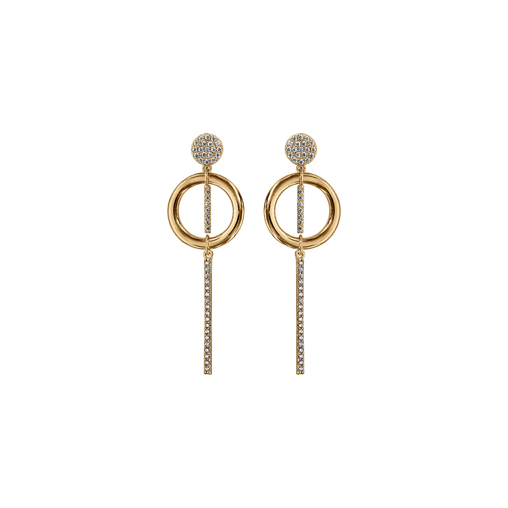 Boucles d\'oreille tige en vermeil cercle lisse et baguette pendante avec oxydes blancs sertis - Vue 1