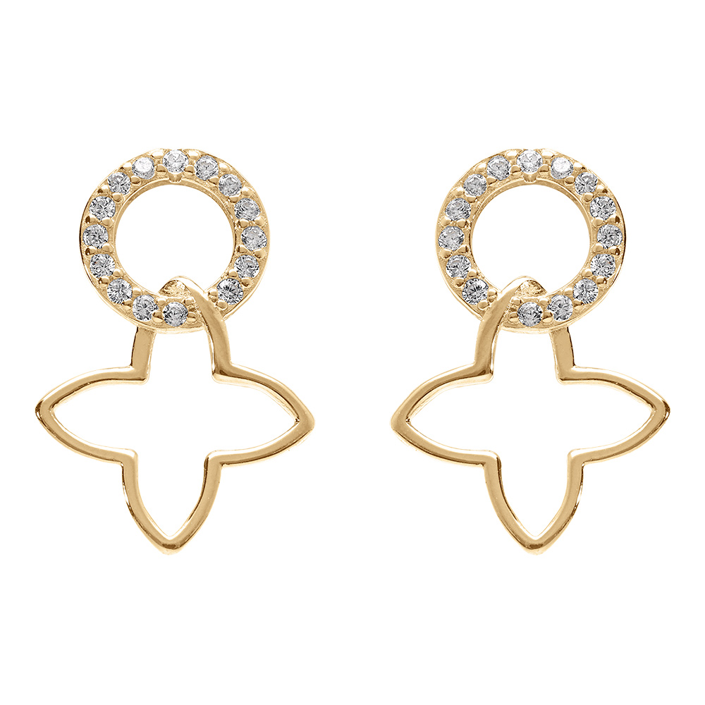 Boucles d\'oreille tige en vermeil cercle pav� d\'oxydes sertis et tr�fle lisse - Vue 1