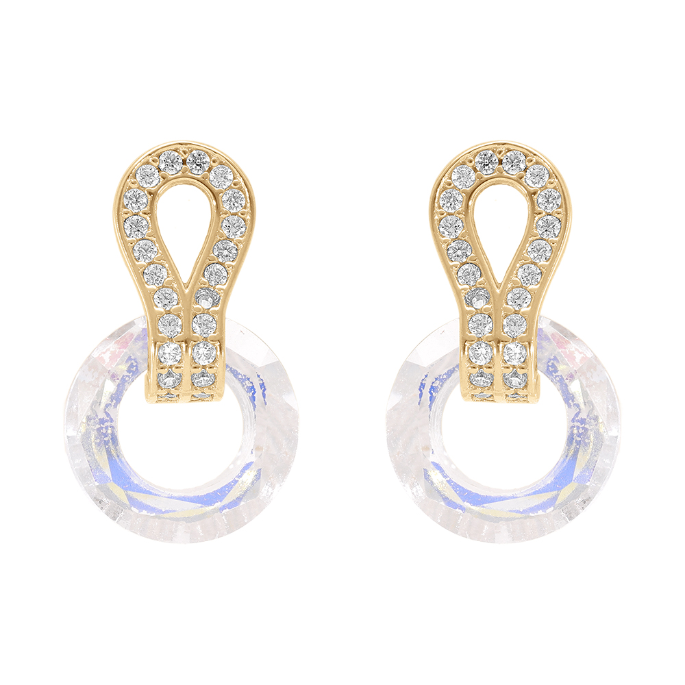 Boucles d\'oreille tige en vermeil cercle verre facet blanc et goutte d\'oxydes blancs sertis - Vue 1