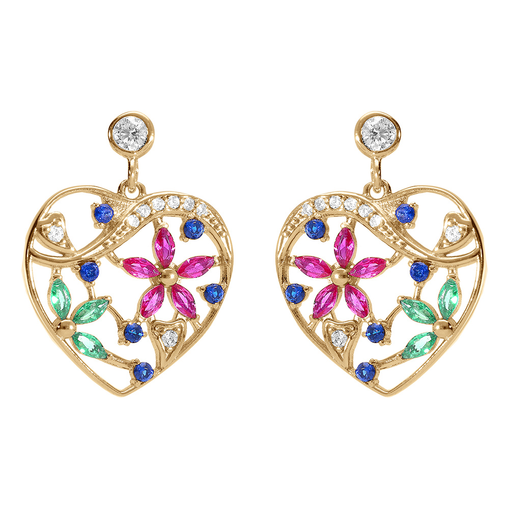 Boucles d\'oreille tige en vermeil coeur avec fleurs d\'oxydes multi couleurs - Vue 1
