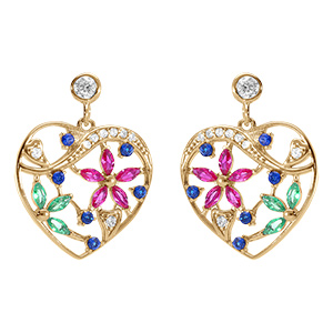 Boucles d'oreille tige en vermeil coeur avec fleurs d'oxydes multi couleurs