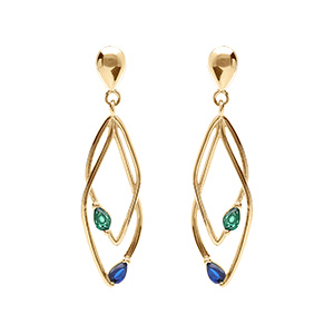 Boucles d'oreille tige en vermeil deux losanges entrelac�s avec oxydes bleu et vert sertis