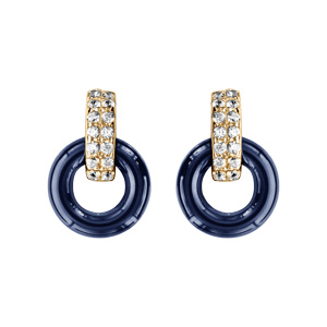 Boucles d\'oreille tige en vermeil double anneau un en céramique bleu marine et un avec oxydes blancs sertis - Vue 1