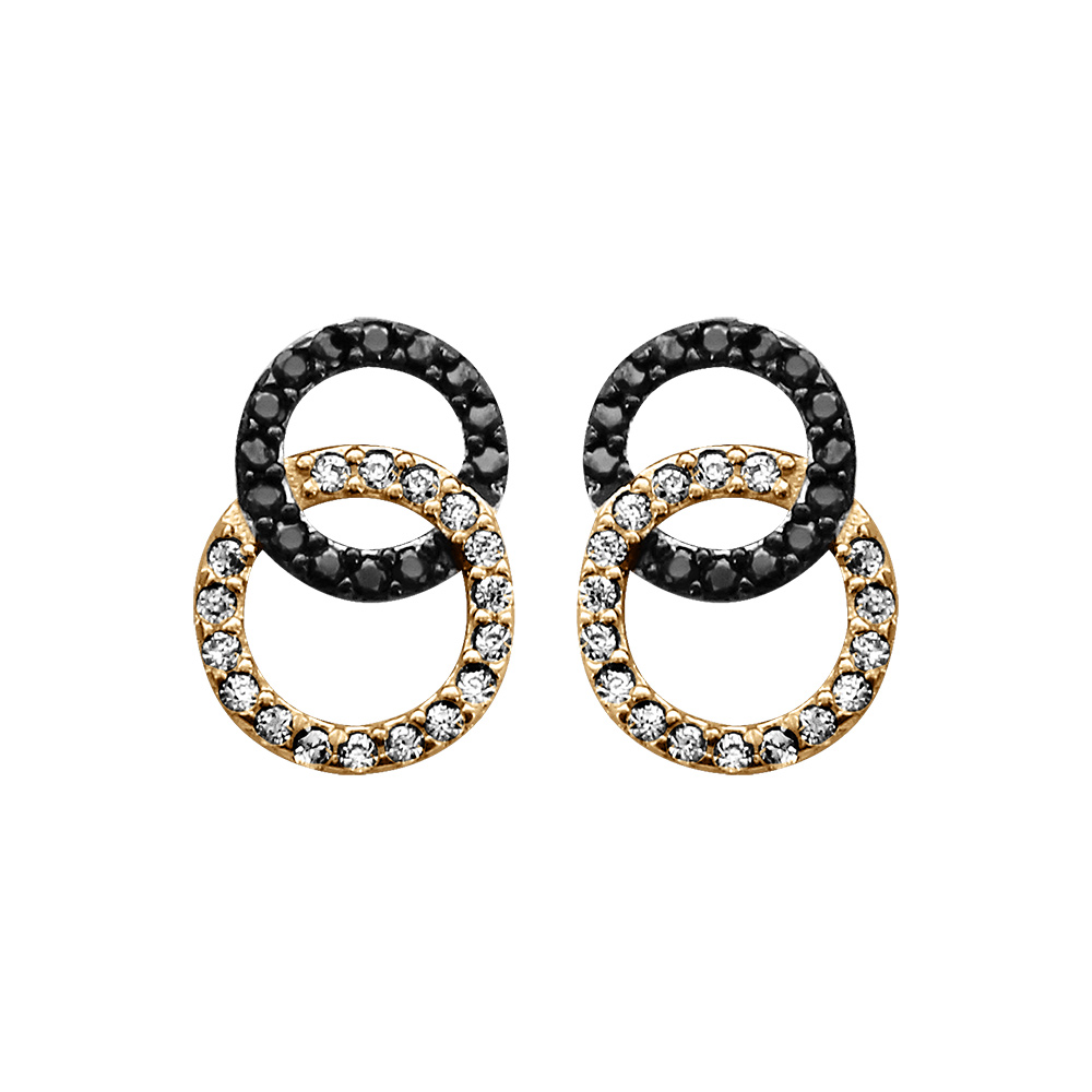 Boucles d\'oreille tige en vermeil double cercle entrelac� pierres noires et blanches - Vue 1