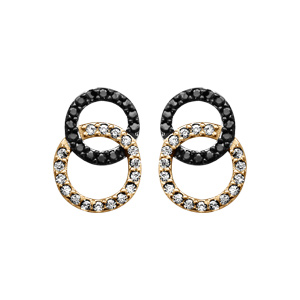 Boucles d\'oreille tige en vermeil double cercle entrelacé pierres noires et blanches - Vue 1