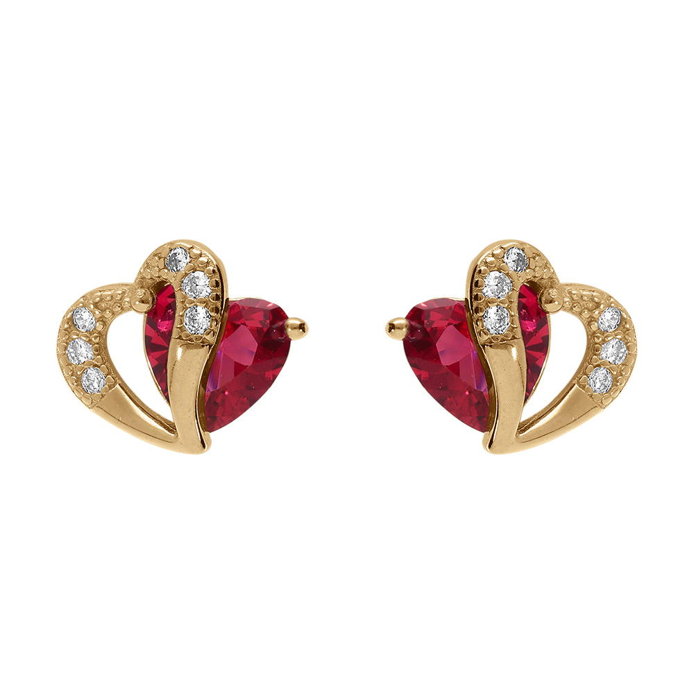 Boucles d\'oreille tige en vermeil double coeur avecoxyde rouge et blancs - Vue 1