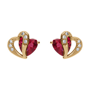 Boucles d'oreille tige en vermeil double coeur avecoxyde rouge et blancs