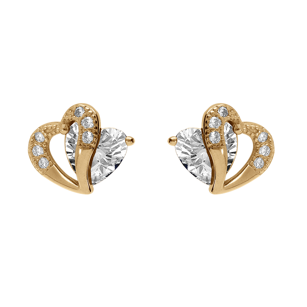Boucles d\'oreille tige en vermeil double coeur d\'oxyde blancs - Vue 1