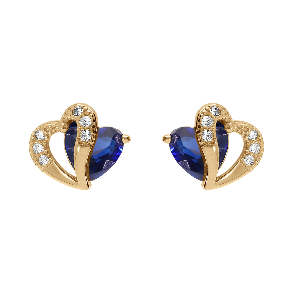 Boucles d\'oreille tige en vermeil double coeur d\'oxyde bleus et blancs - Vue 1