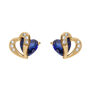 Boucles d'oreille tige en vermeil double coeur d'oxyde bleus et blancs