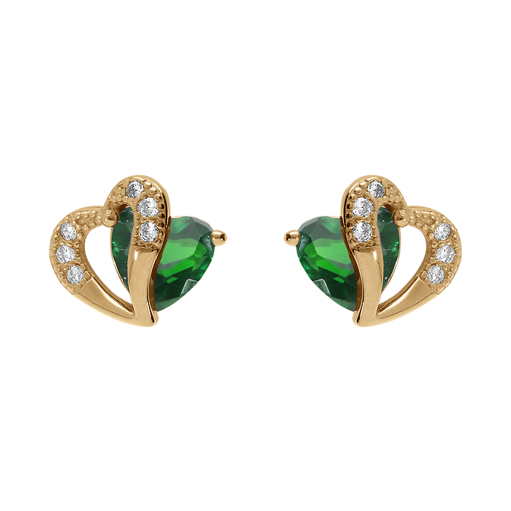 Boucles d\'oreille tige en vermeil double coeur d\'oxyde verts et blancs - Vue 1