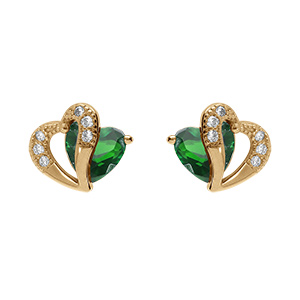 Boucles d'oreille tige en vermeil double coeur d'oxyde verts et blancs