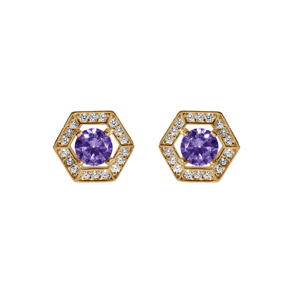 Boucles d\'oreille tige en vermeil d\'oxyde violet et contour d\'oxydes blancs - Vue 1