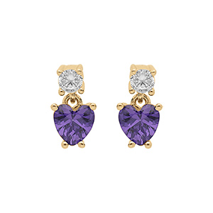 Boucles d'oreille tige en vermeil d'oxydes blanc et violet forme coeoeur